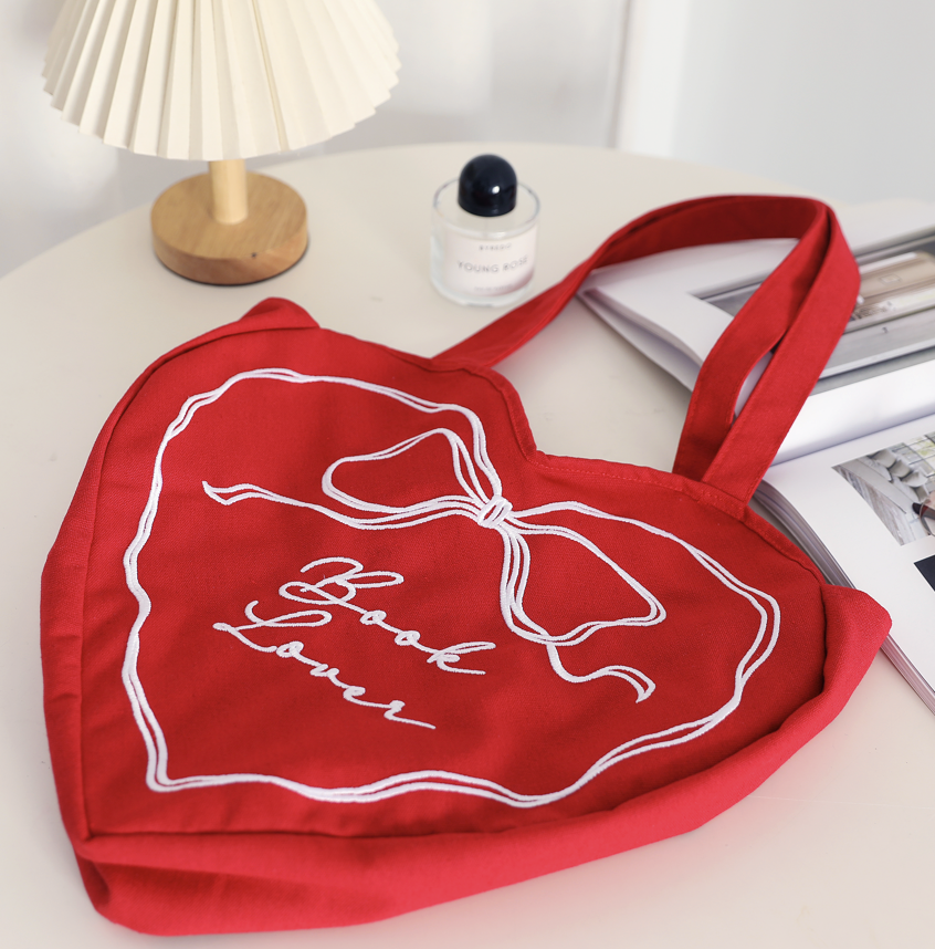 Book Lover Heart Embroidered Tote Bag