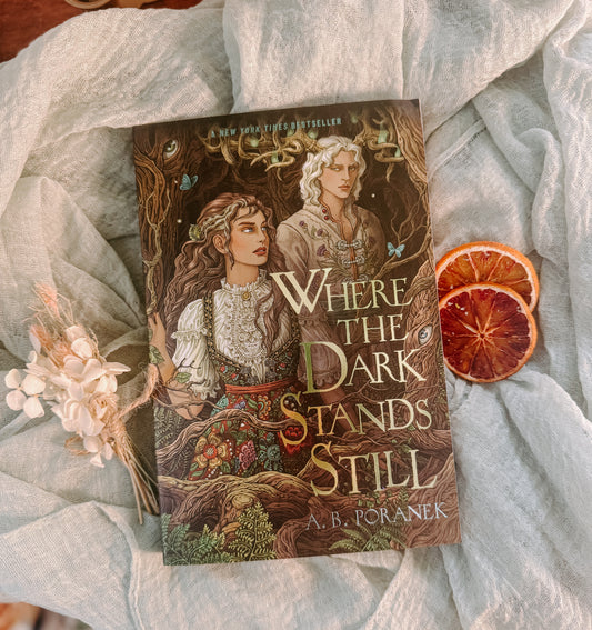 Book titled 'Where the Dark Stands Still' by A.B. Poranek on a soft fabric background with dried oranges and flowers.
