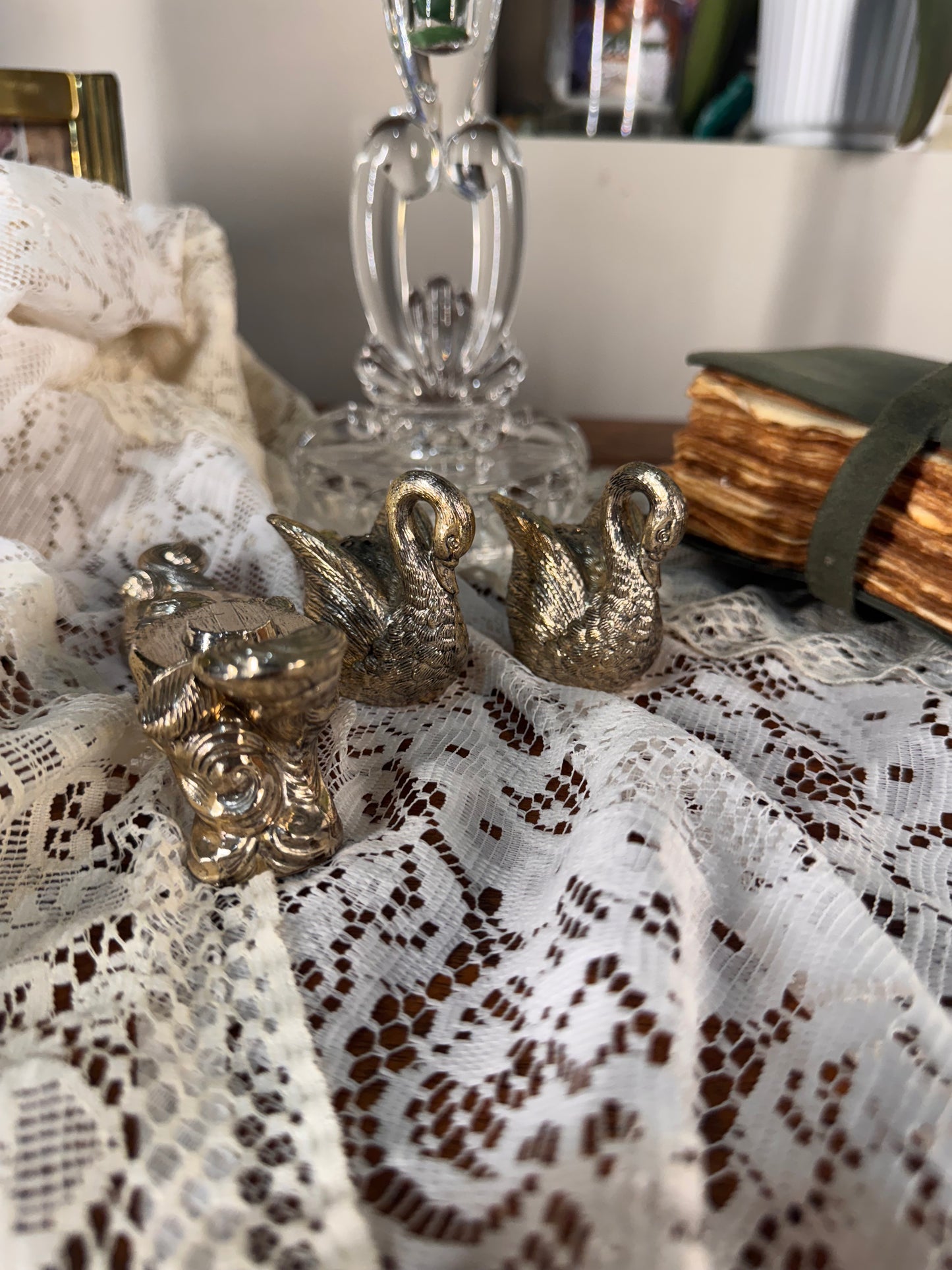 Vintage Swan Salt & Pepper Shakers With Ornate Stand