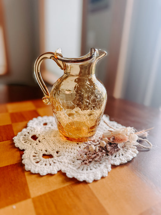 Amber Crackle Glass Pitcher, Vintage Mid-Century