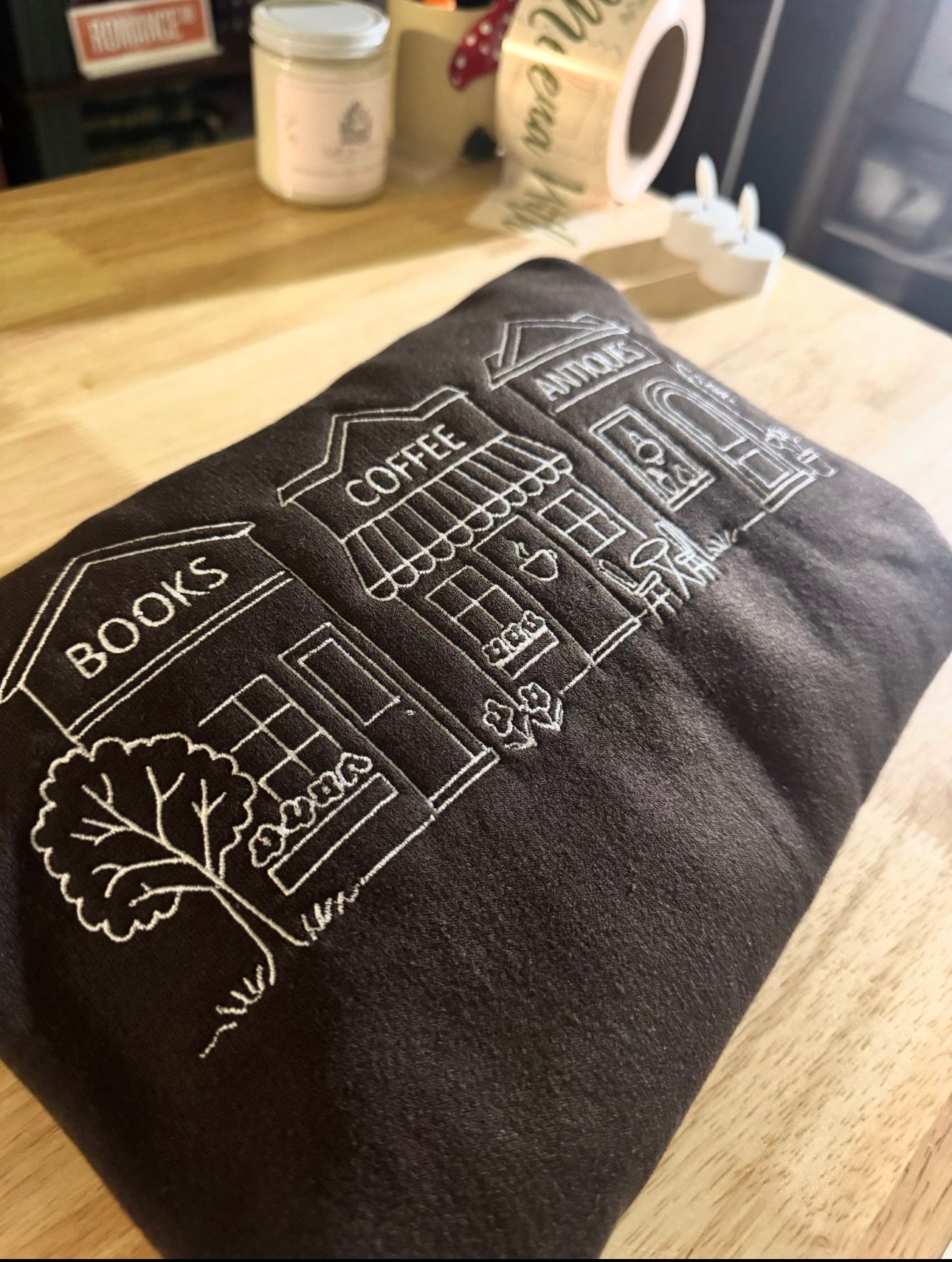 Books, Coffee, Antiques | Embroidered Crewneck Sweater