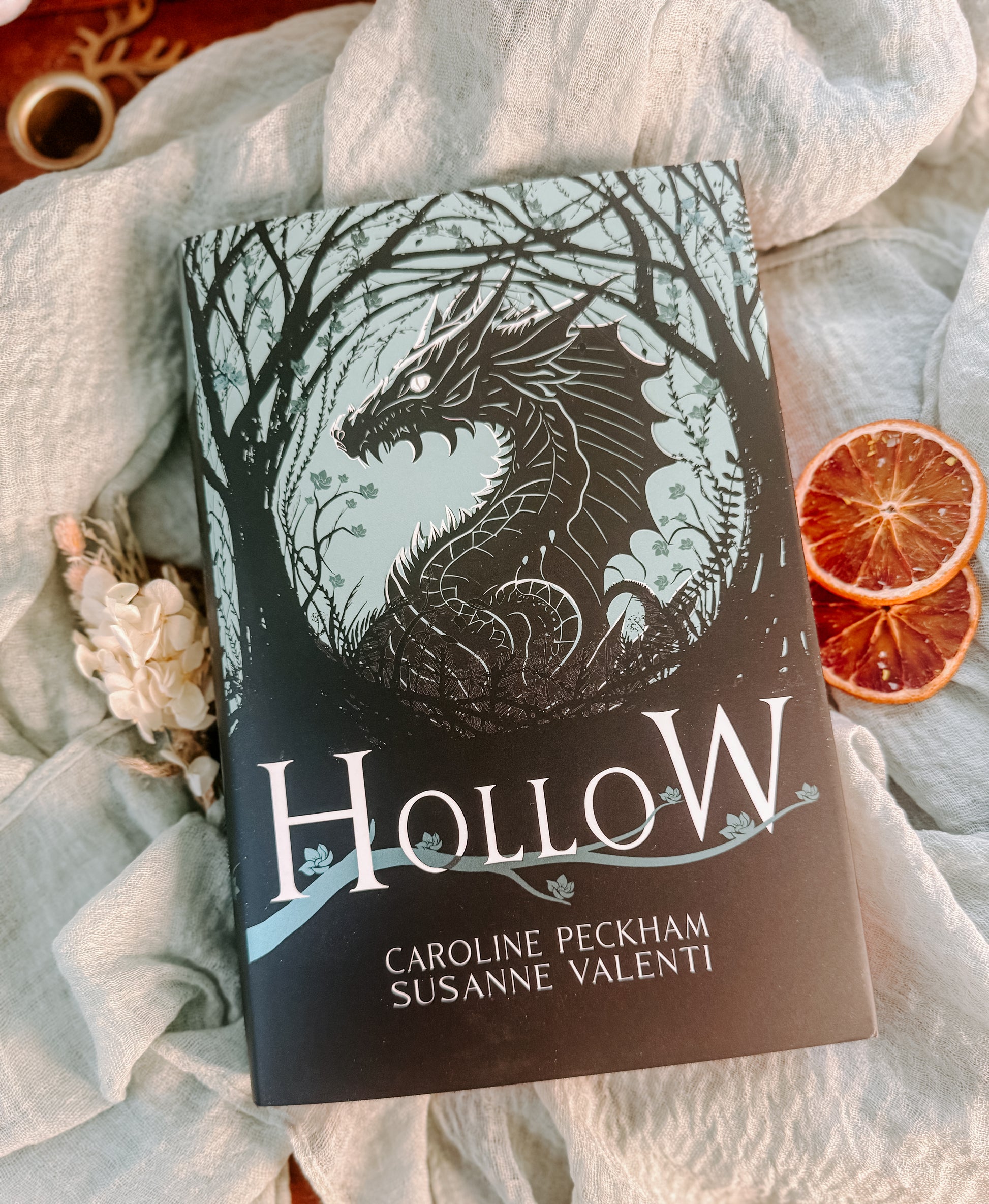 Book titled 'Hollow' by Caroline Peckham and Susanne Valenti on a soft fabric background with dried oranges.