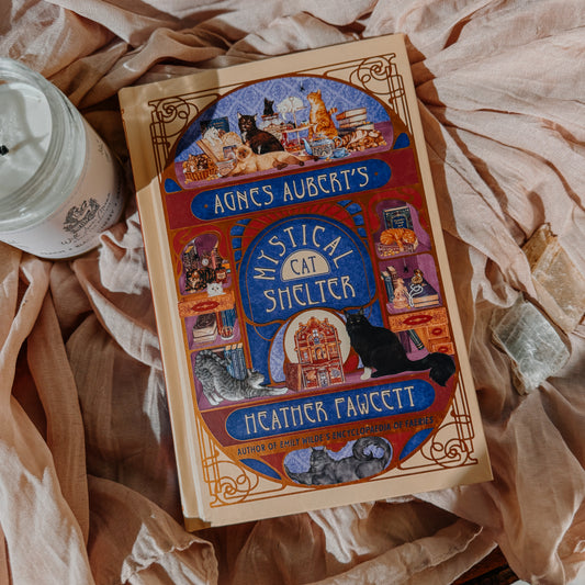 Book titled 'Mystical Cat Shelter' by Agnes Aubert on a soft fabric background with a candle and tea bag.