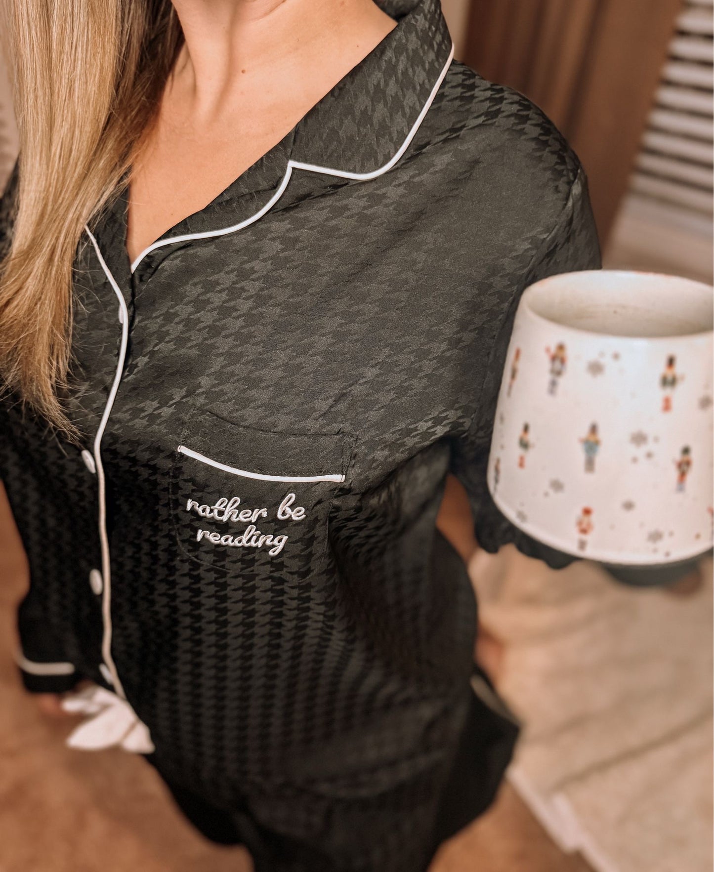 Rather Be Reading Satin Houndstooth Pajama Set