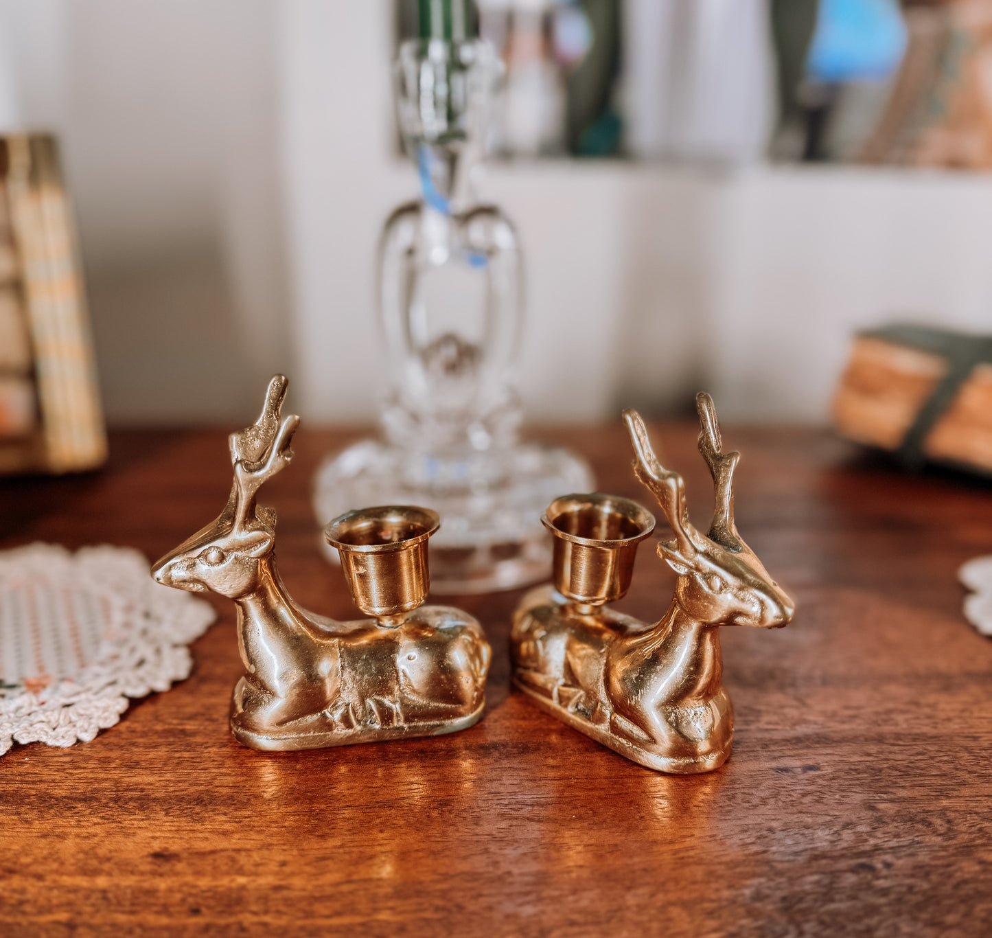Vintage Brass Reindeer Candle Duo
