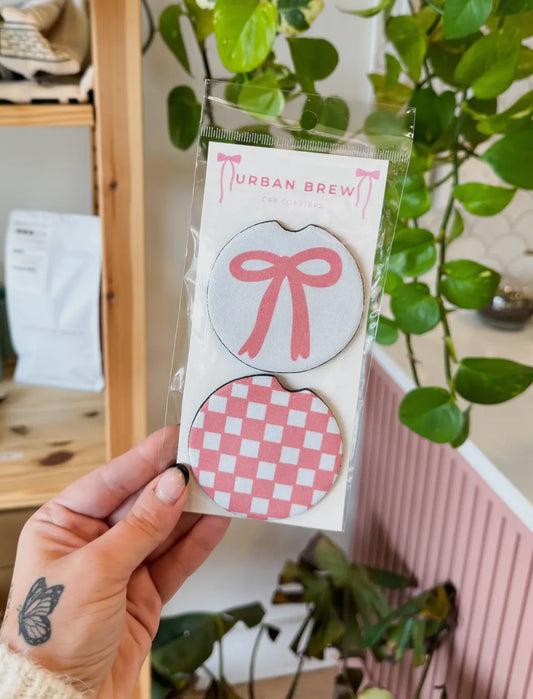 Pink Bow & Gingham Car Coaster Set