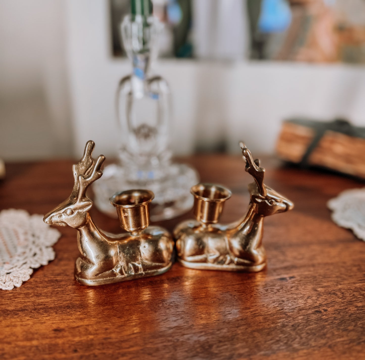 Vintage Brass Reindeer Candle Duo
