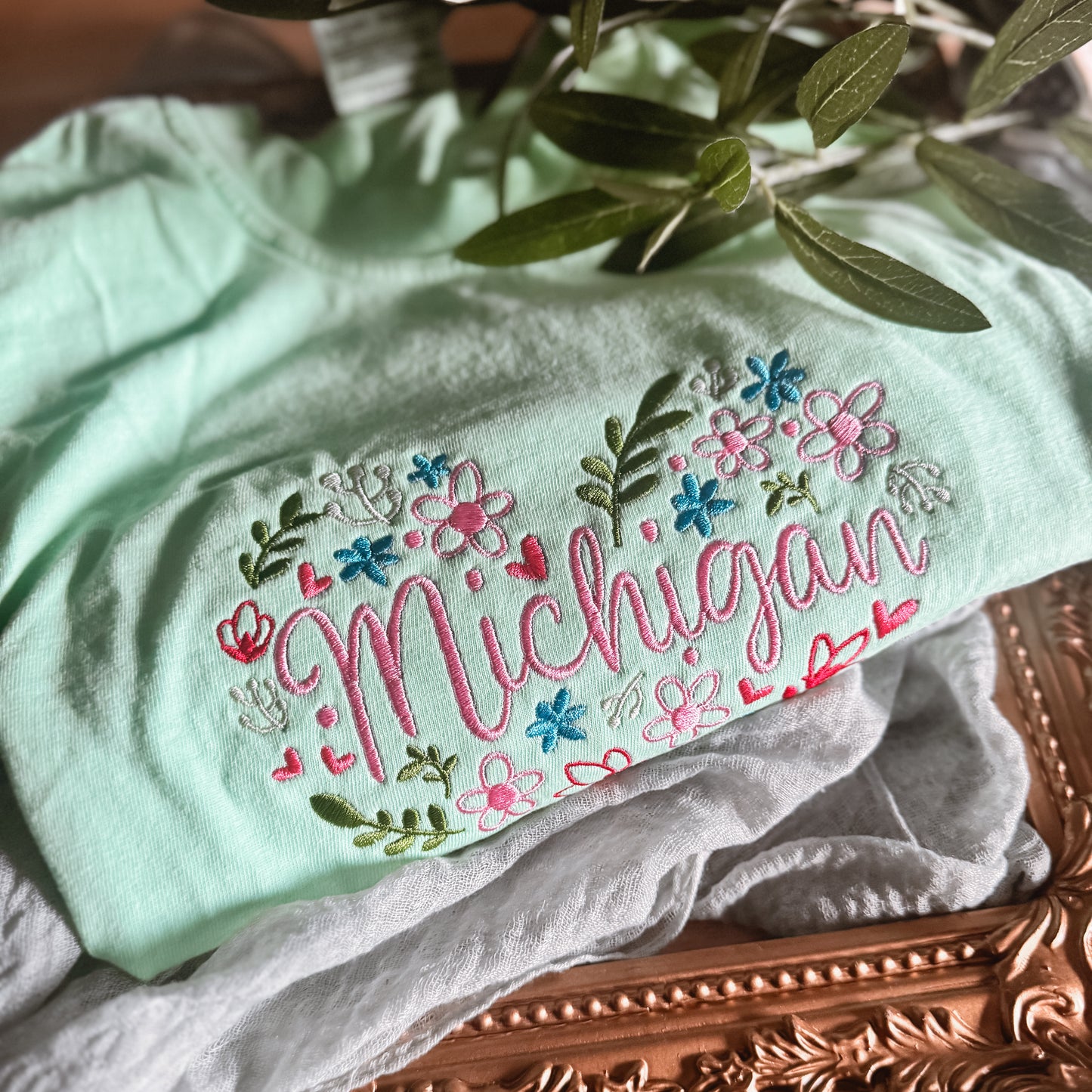 Michigan Floral Heart Embroidered Comfort Colors Tee