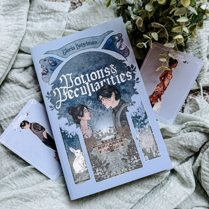 Book titled 'Notions & Peculiarities' by Gloria Bortelman with illustrations on a textured surface.