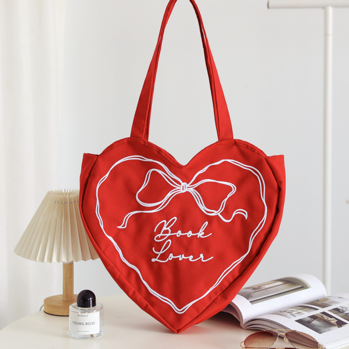 Book Lover Heart Embroidered Tote Bag