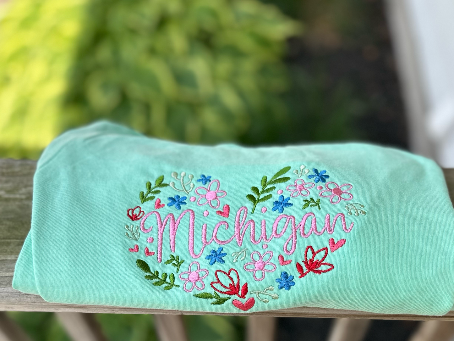 Michigan Floral Heart Embroidered Comfort Colors Tee