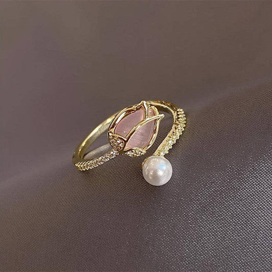 Opal Tulip & Pearl Adjustable Ring