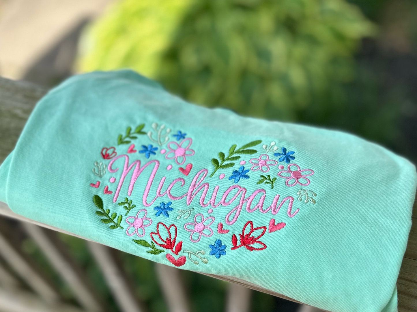 Michigan Floral Heart Embroidered Comfort Colors Tee