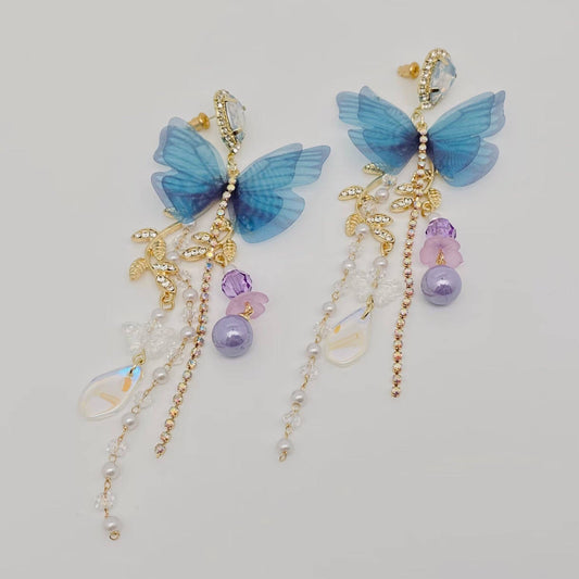 Blue Butterfly Pearl Tassel Earrings