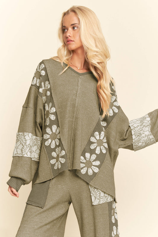 Olive Daisy Lace Waffle Knit Top