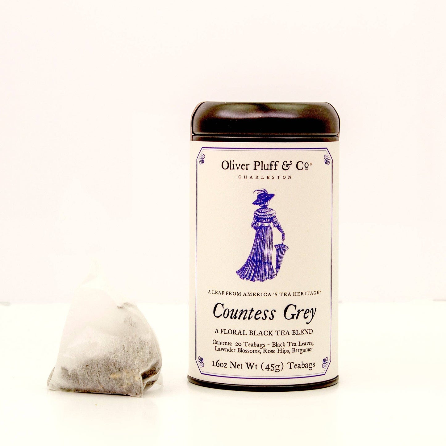 Tea canister labeled 'Countess Grey' by Oliver Pluff & Co on a white background