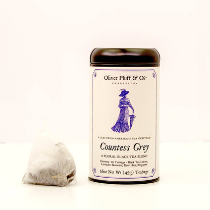 Tea canister labeled 'Countess Grey' by Oliver Pluff & Co on a white background